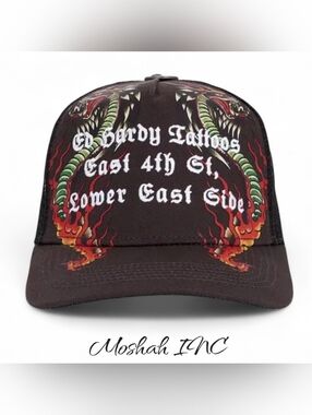 Ed Hardy Embroidered Cobra Flame Trucker Hat Black Snapback